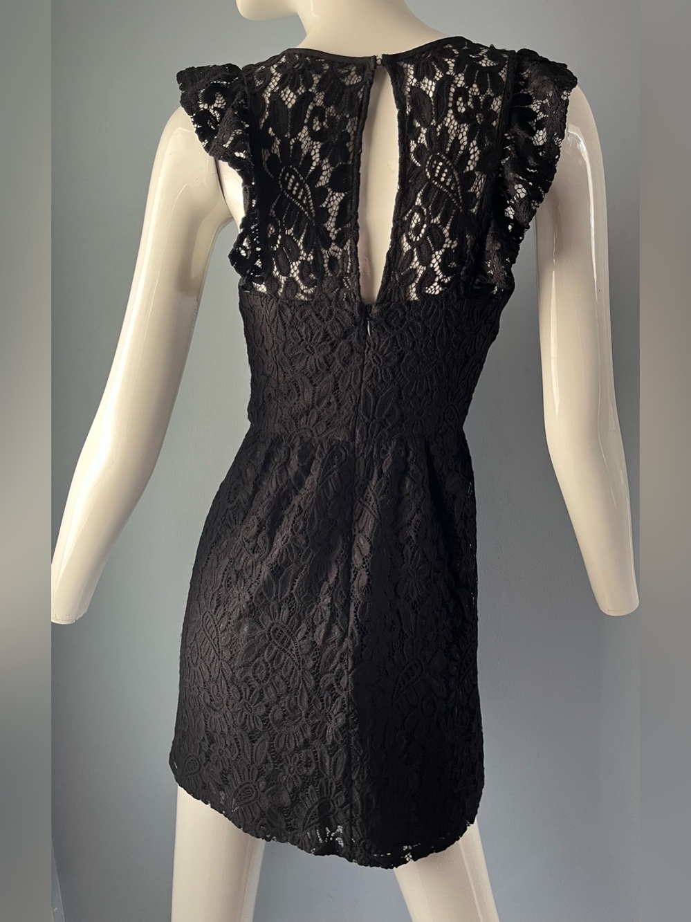 BCBGeneration Black Lace Cocktail Mini Dress Flutter Cap Sleeves LBD Size 4